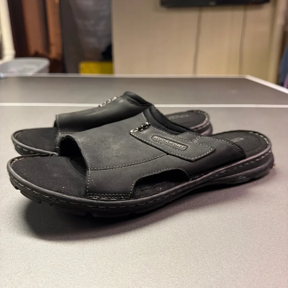 Rockport Darwyn Slide Black Leather Mens Sandals truTECH CI5687 Size 9.5 W